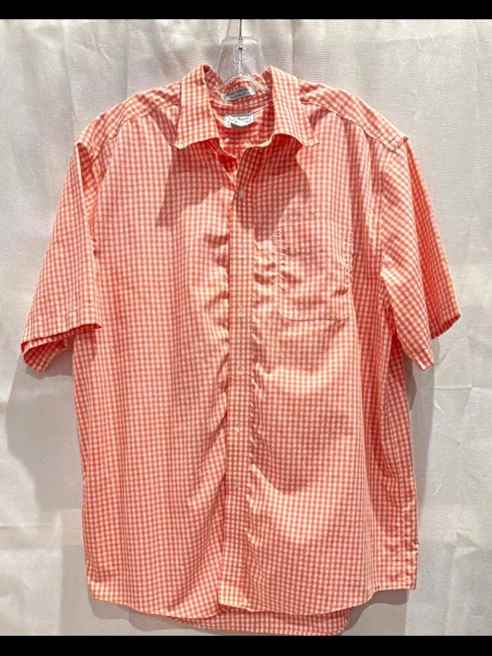 LL Bean Men's Short-Sleeve Button-Up orange Checkered Cotton Shirt - Large